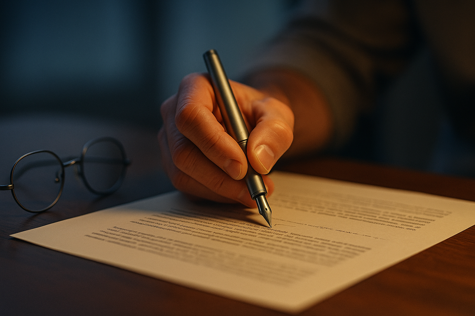 A hand annotates a document margin with a steel-nib pen; reading glasses rest folded on the desk beside it.